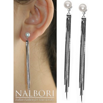NonSoloArgenti|925 silver earrings long tails pendants white pearl rhodium plated for women