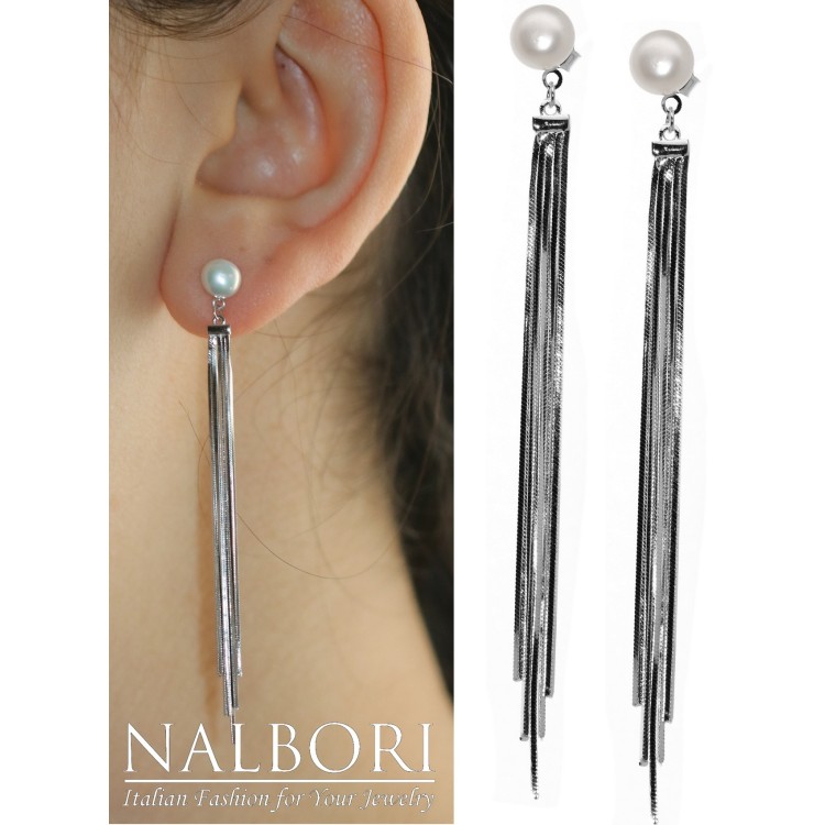 NonSoloArgenti|925 silver earrings long tails pendants white pearl rhodium plated for women