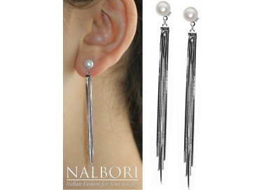 NonSoloArgenti|925 silver earrings long tails pendants white pearl rhodium plated for women