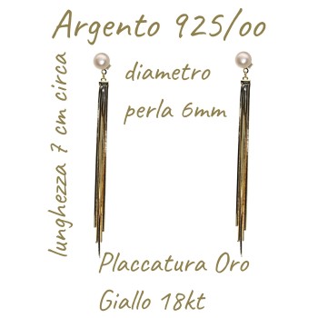 NonSoloArgenti|orecchini argento 925 lunghi codine ciondoli perla bianca placcati oro giallo 18kt