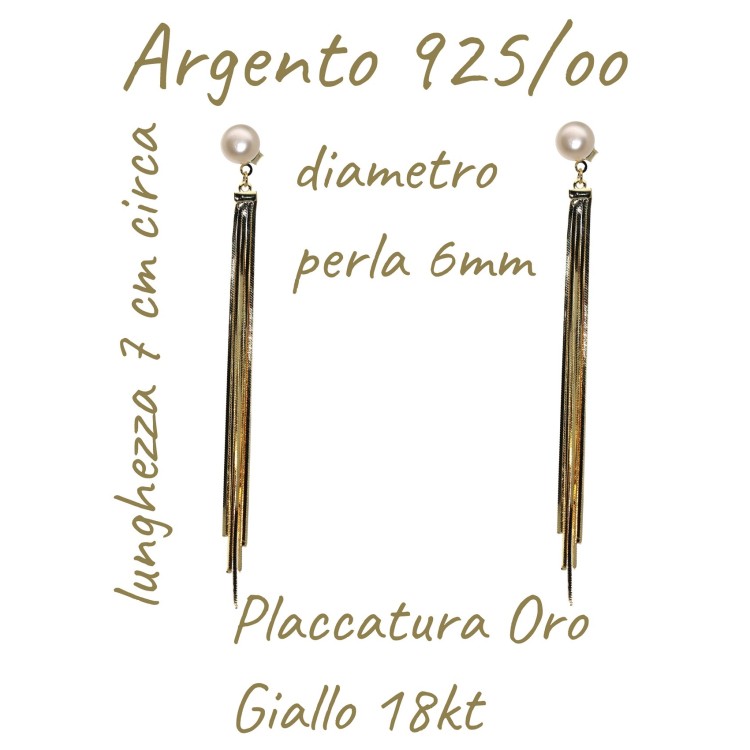 NonSoloArgenti|orecchini argento 925 lunghi codine ciondoli perla bianca placcati oro giallo 18kt