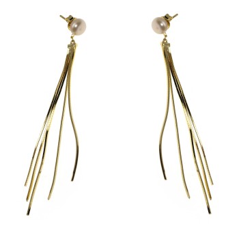 NSA|925 silver earrings long tails pendants white pearl plated yellow gold 18kt
