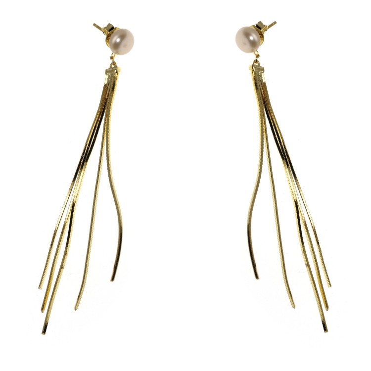NSA|925 silver earrings long tails pendants white pearl plated yellow gold 18kt