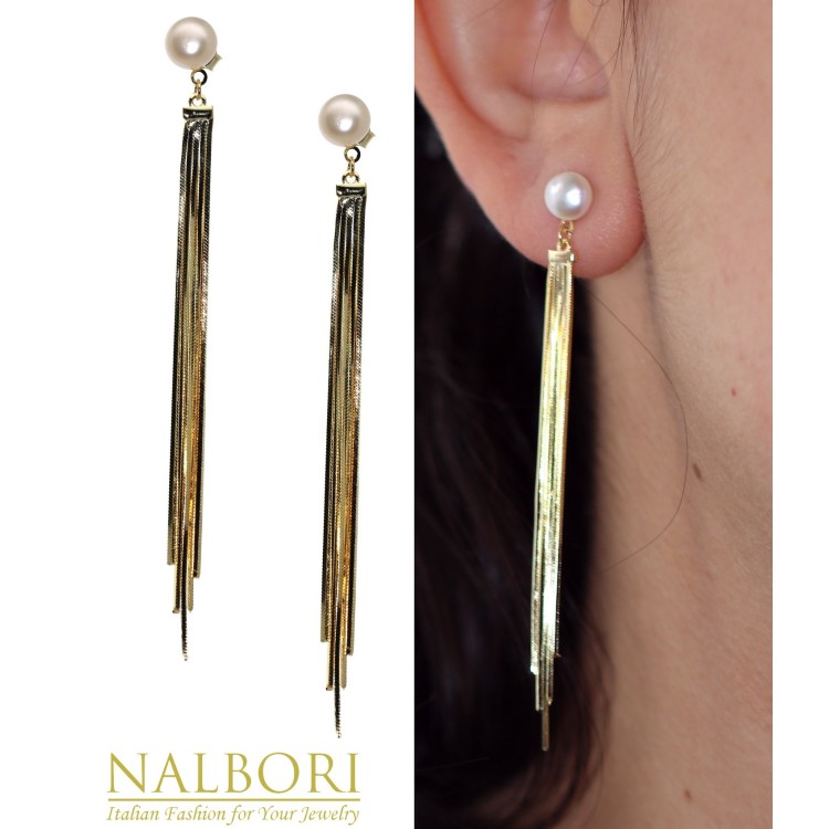 NonSoloArgenti|925 silver earrings long tails pendants white pearl plated yellow gold 18kt