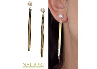 NonSoloArgenti|925 silver earrings long tails pendants white pearl plated yellow gold 18kt