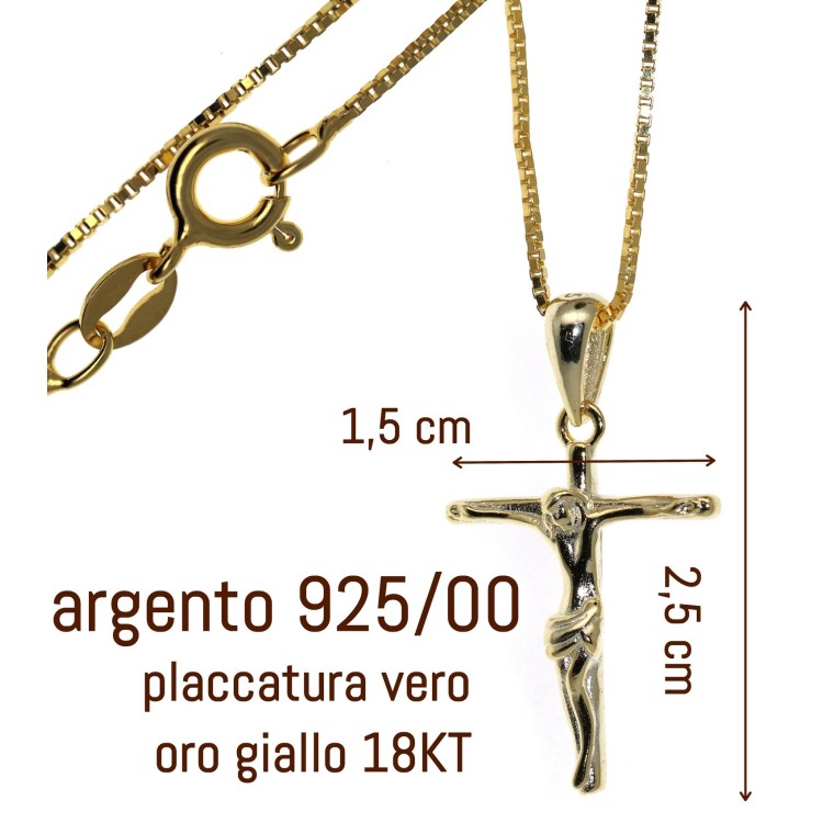 NonSoloArgenti | collana tutto argento 925 placcata oro giallo croce latina crocefisso 45 50 60 cm
