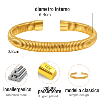 NonSoloArgenti |Bracciale snake acciaio anallergico dorato aperto per donna e uomo