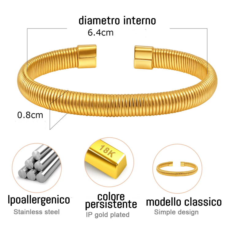NonSoloArgenti |Bracciale snake acciaio anallergico dorato aperto per donna e uomo