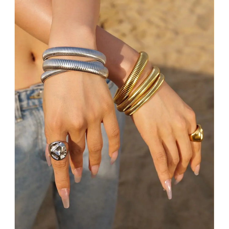 NonSoloArgenti |Hypoallergenic steel snake bracelet in gold or silver, 8 or 10 mm, elastic for women and men