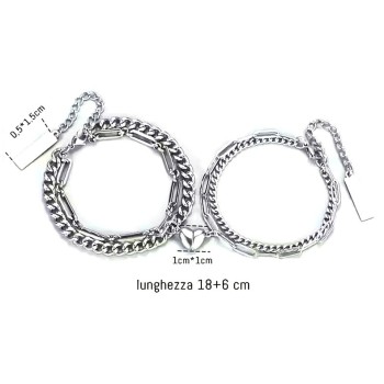 NSA|Double bracelet, 2 steel bracelets for him and her with magnetic heart