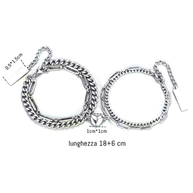 NSA|Double bracelet, 2 steel bracelets for him and her with magnetic heart