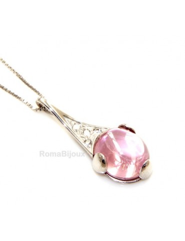 Collana in Quarzo Rosa con Intercalari,chiusura Argento925,Zirconi