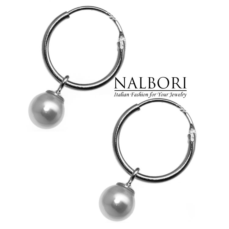 NonSoloArgenti|925 silver hoop earrings with rhodium-plated pearl pendant