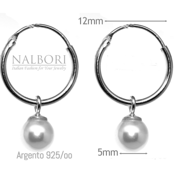 NonSoloArgenti|925 silver hoop earrings with rhodium-plated pearl pendant