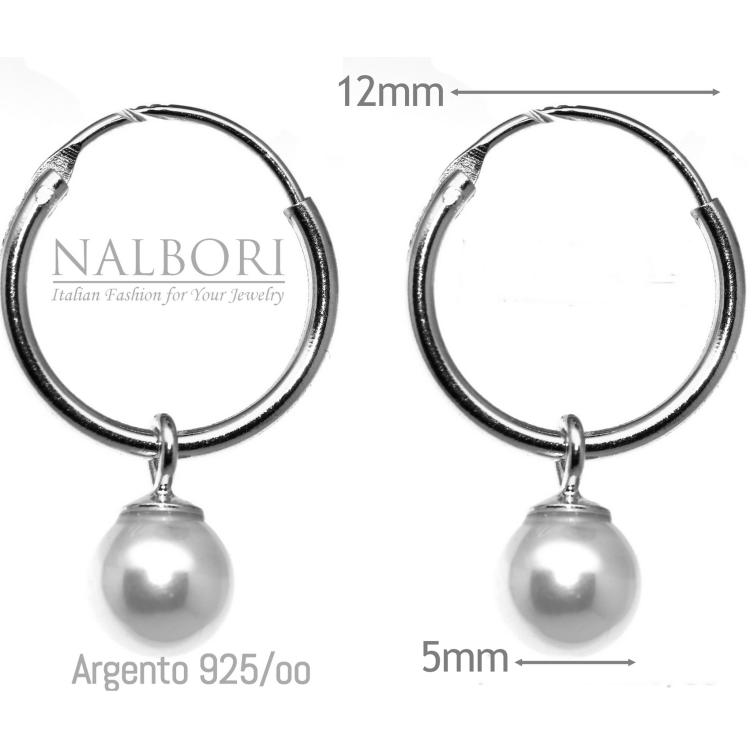 NonSoloArgenti|925 silver hoop earrings with rhodium-plated pearl pendant