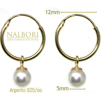 NonSoloArgenti| 925 silver hoop earrings with yellow gold-plated pearl pendant