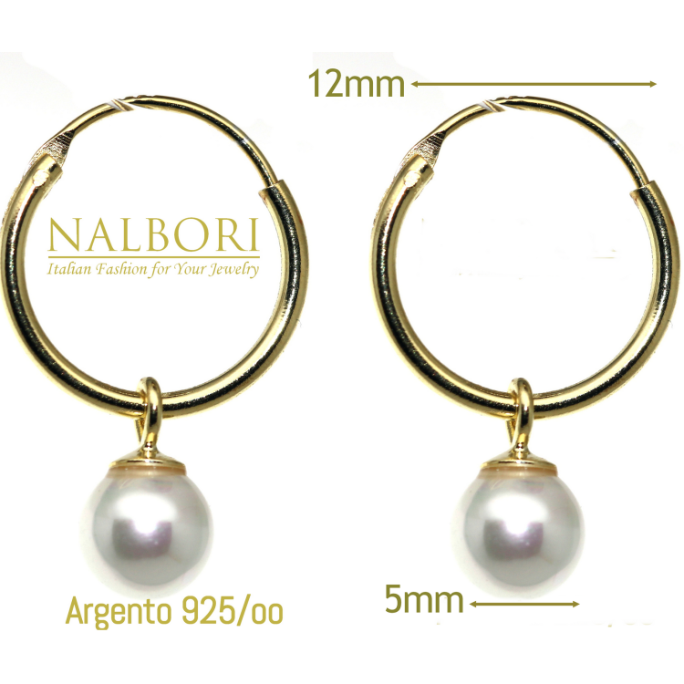 NonSoloArgenti| 925 silver hoop earrings with yellow gold-plated pearl pendant