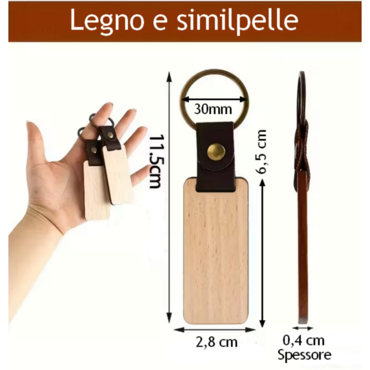 NonSoloArgenti|portachiavi personalizzato legno e similpelle con incisione gratis