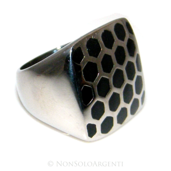 Acciaio Anallergico inossidabile - anello grande esagoni di lucite nero quadrato alveare|NSA