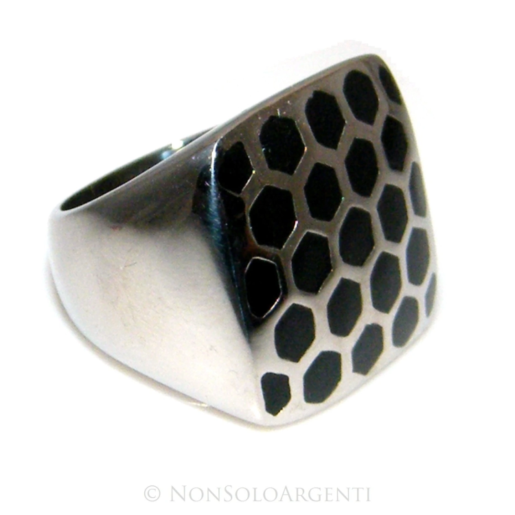 Hypoallergenic Stainless Steel Large Black Lucite Hexagon Square Honeycomb Ring|NSA