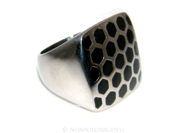 Acciaio Anallergico inossidabile - anello grande esagoni di lucite nero quadrato alveare|NSA