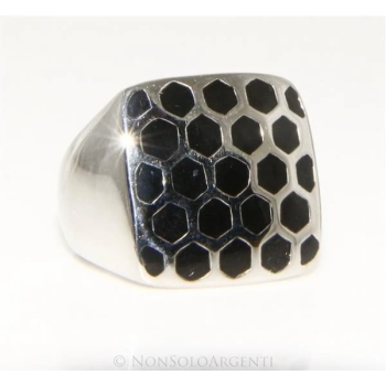 Acciaio Anallergico inossidabile - anello grande esagoni di lucite nero quadrato alveare|NSA