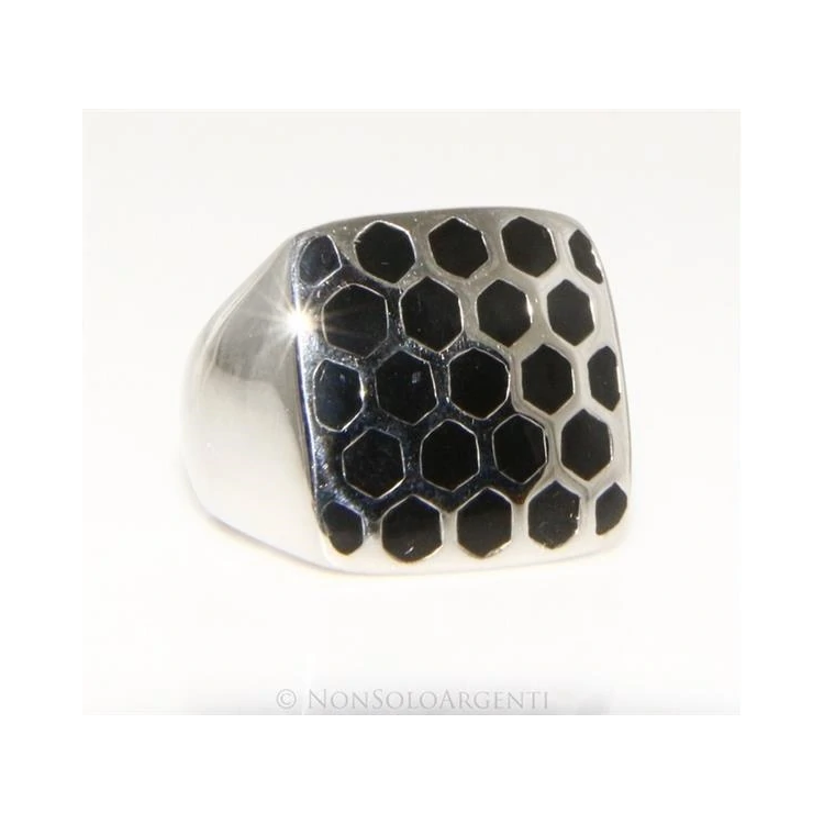 Hypoallergenic Stainless Steel Large Black Lucite Hexagon Square Honeycomb Ring|NSA