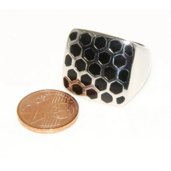 Hypoallergenic Stainless Steel Large Black Lucite Hexagon Square Honeycomb Ring|NSA