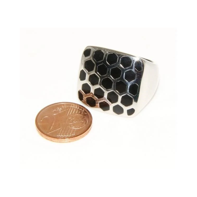 Hypoallergenic Stainless Steel Large Black Lucite Hexagon Square Honeycomb Ring|NSA