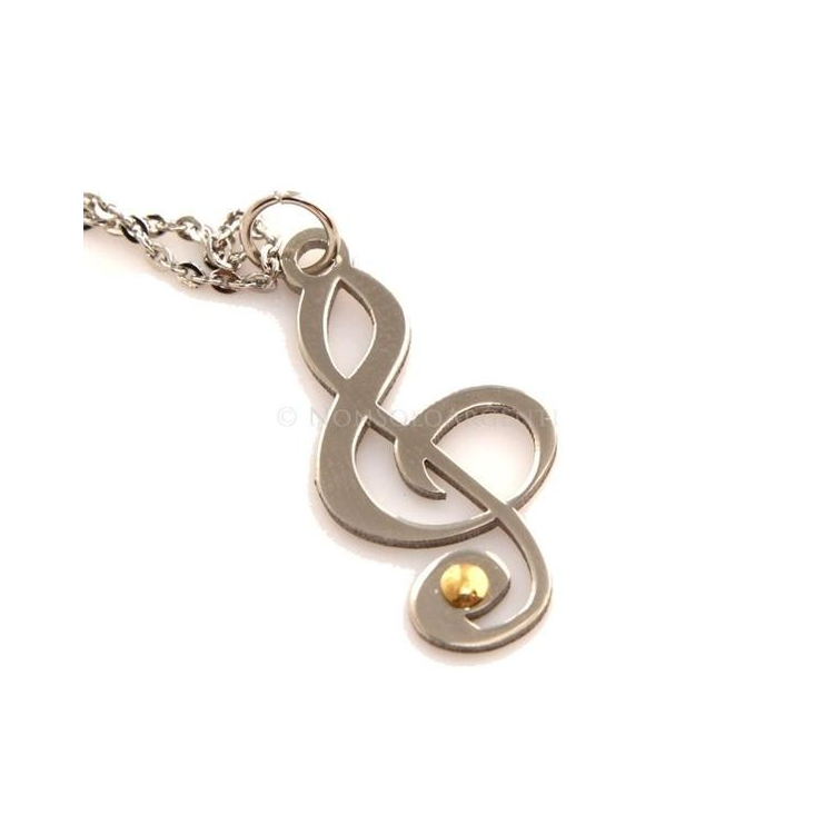 Hypoallergenic Italian steel rolo necklace with gold-plated treble clef pendant|NSA