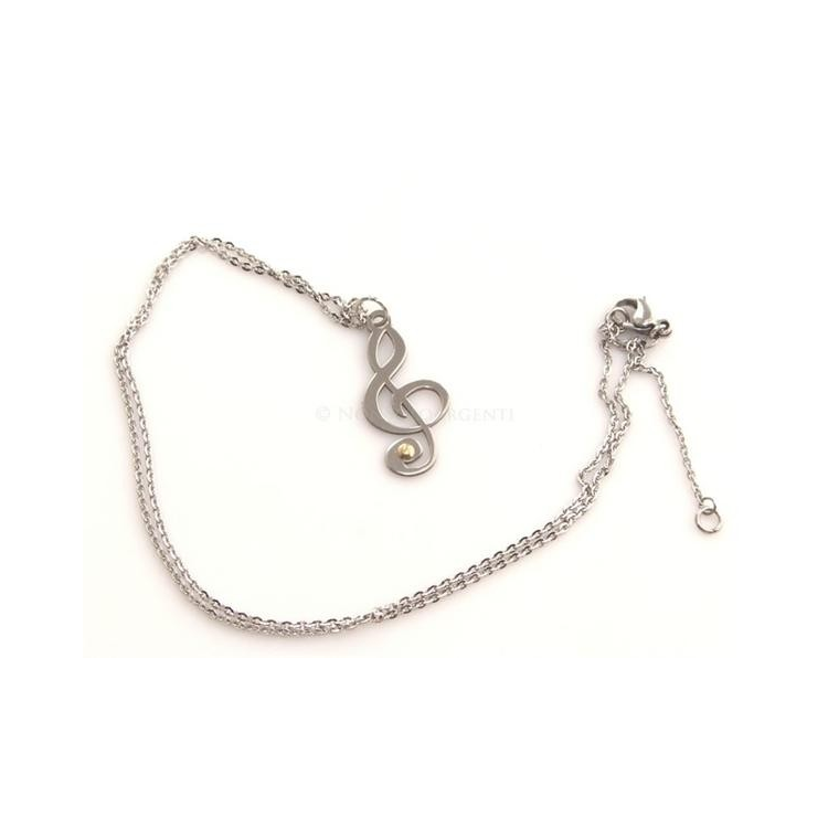 Hypoallergenic Italian steel rolo necklace with gold-plated treble clef pendant|NSA