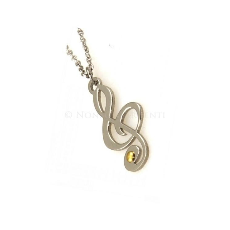Hypoallergenic Italian steel rolo necklace with gold-plated treble clef pendant|NSA