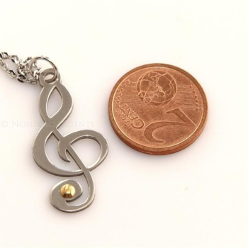 Hypoallergenic Italian steel rolo necklace with gold-plated treble clef pendant|NSA