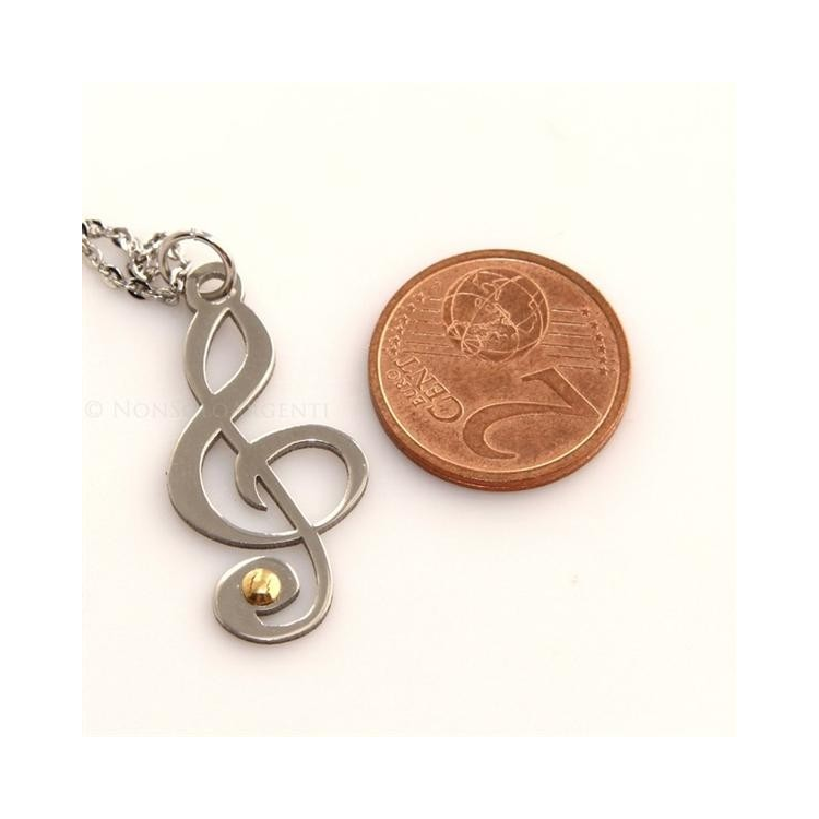 Hypoallergenic Italian steel rolo necklace with gold-plated treble clef pendant|NSA
