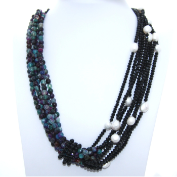 NonSoloArgenti| Women's 4+3-strand necklace with magenta turquoise Brazilian agate, black crystal, and baroque pearls