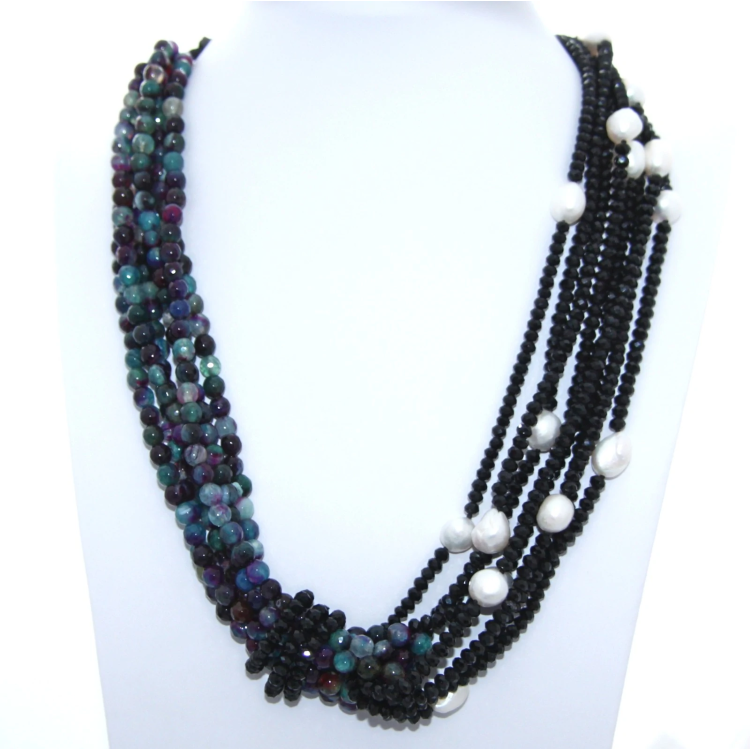 NonSoloArgenti| Women's 4+3-strand necklace with magenta turquoise Brazilian agate, black crystal, and baroque pearls