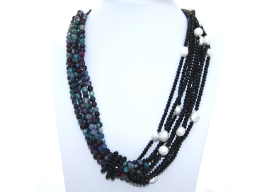 Collana da Donna 4 + 3 fili  agata brasiliana turchese magenta, cristallo nero e perle barocche|NSA