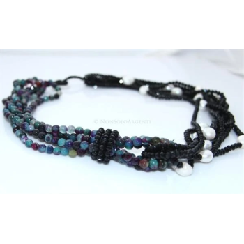 Collana da Donna 4 + 3 fili  agata brasiliana turchese magenta, cristallo nero e perle barocche|NSA