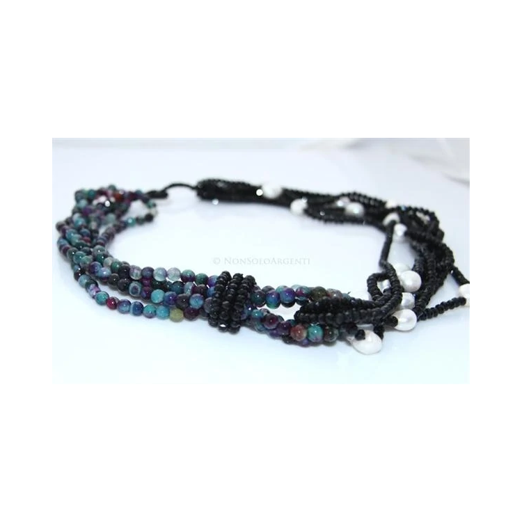 Collana da Donna 4 + 3 fili  agata brasiliana turchese magenta, cristallo nero e perle barocche|NSA