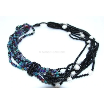 Women's 4+3-strand necklace with magenta turquoise Brazilian agate, black crystal, and baroque pearls|NSA