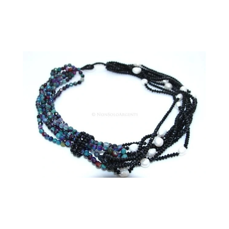 Women's 4+3-strand necklace with magenta turquoise Brazilian agate, black crystal, and baroque pearls|NSA