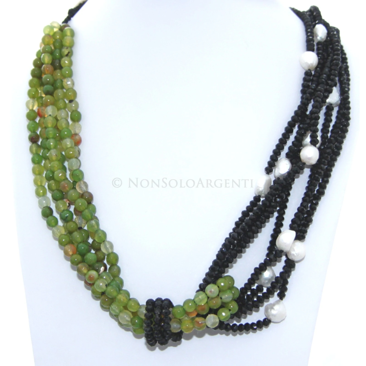 Women's 4+3-strand necklace with apple green Brazilian agate, black crystal, and baroque pearls|NSA