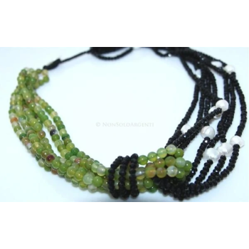 Collana da Donna 4 + 3 fili agata brasiliana verde mela, cristallo nero e perle barocche |NSA