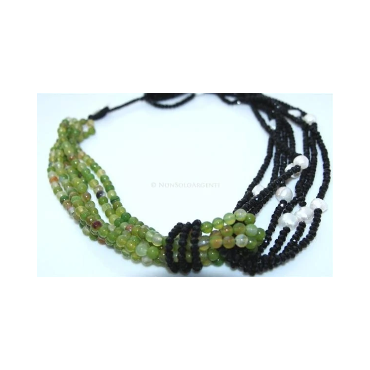 Women's 4+3-strand necklace with apple green Brazilian agate, black crystal, and baroque pearls|NSA