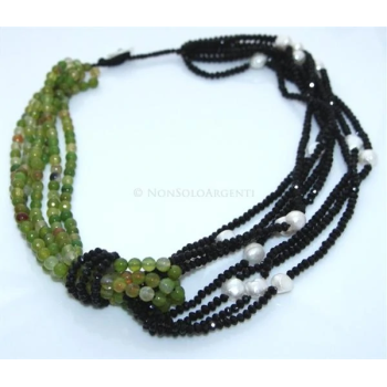 Women's 4+3-strand necklace with apple green Brazilian agate, black crystal, and baroque pearls|NSA