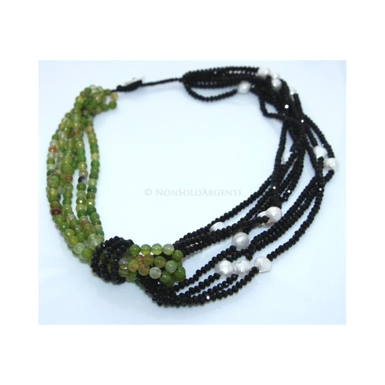 Women's 4+3-strand necklace with apple green Brazilian agate, black crystal, and baroque pearls|NSA
