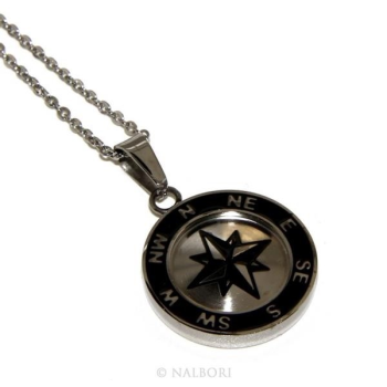 Steel: Exclusive men's necklace with a round IP black compass rose pendant|NSA