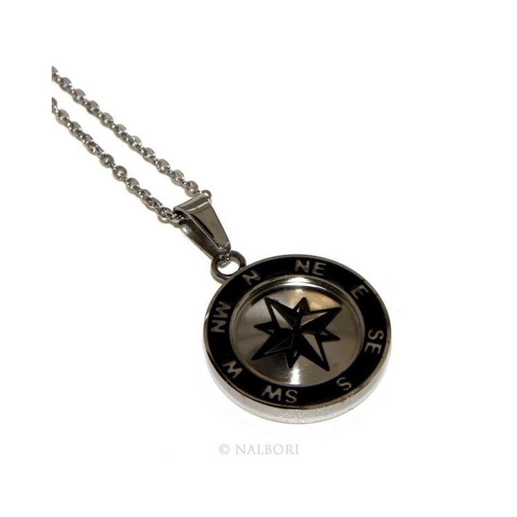 Steel: Exclusive men's necklace with a round IP black compass rose pendant|NSA