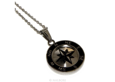 Steel: Exclusive men's necklace with a round IP black compass rose pendant|NSA