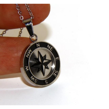 Steel: Exclusive men's necklace with a round IP black compass rose pendant|NSA